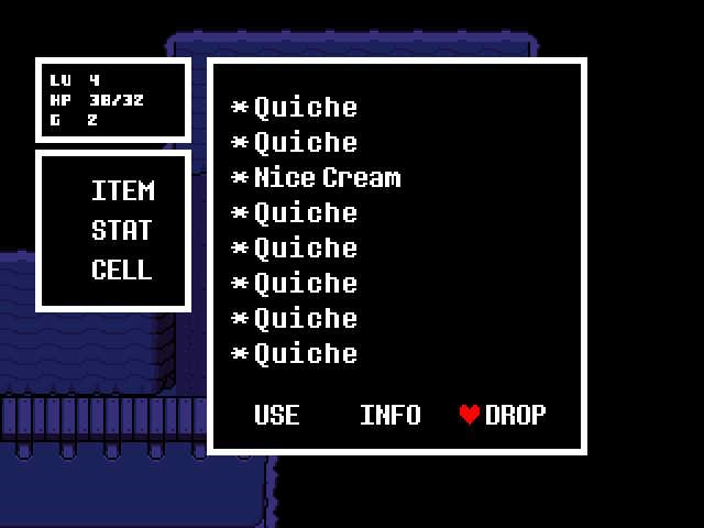 Glenn's inventory contains 7 quiches and 1 nice cream, he's about to drop a quiche. Glenn's character is at level 4.