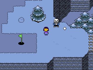 The player character standing beside the green flag in Ball Game.