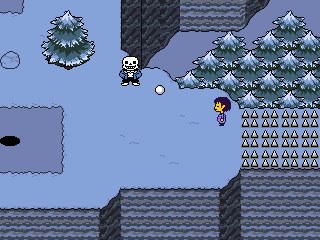 Spikes block the way, there's a small hole in the ground and Sans is standing to the side next to a snow ball.