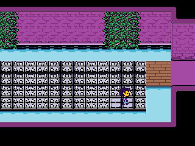 Screenshot of Glenn's player character stuck on two normally inaccessible tiles in the spike-filled room Toriel usually leads you through.