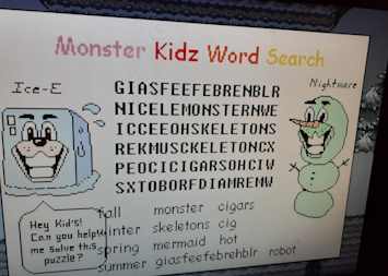 Monster Kids Word Search with the character Ice-E next to the secret character Nightmare. It's colored in and the layout is unfamiliar.