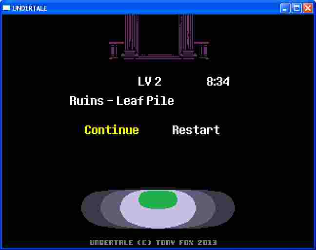 Undertale title screen running in Windows XP with an unnamed character at level 2, saved at the Ruins Leaf Pile, 8 and a half minutes play time.