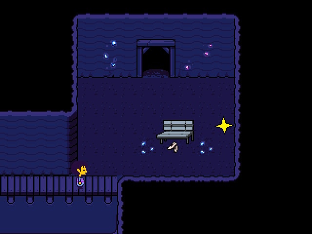 Glenn enters a secret room in Waterfall containing a bench with a pair of ballet shoes underneath, as well as a save point and a door.
